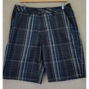 RIP CURL Live The Search Men’s Plaid Cotton Bermuda Shorts Size 34 Black Blue